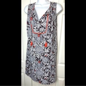 BODEN COTTON Lana Dress Floral Tassels Blue White Brown Coral Orange Split Neck